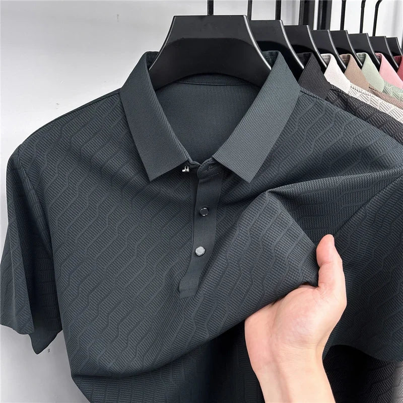 Men's Hollow-Mesh Polo - Wave Pattern, Slim Elastic Business Fit