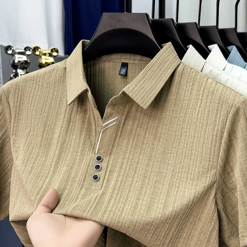 Men's Vertical-Stripe Polo - Soft Breathable, Three-Button Lapel