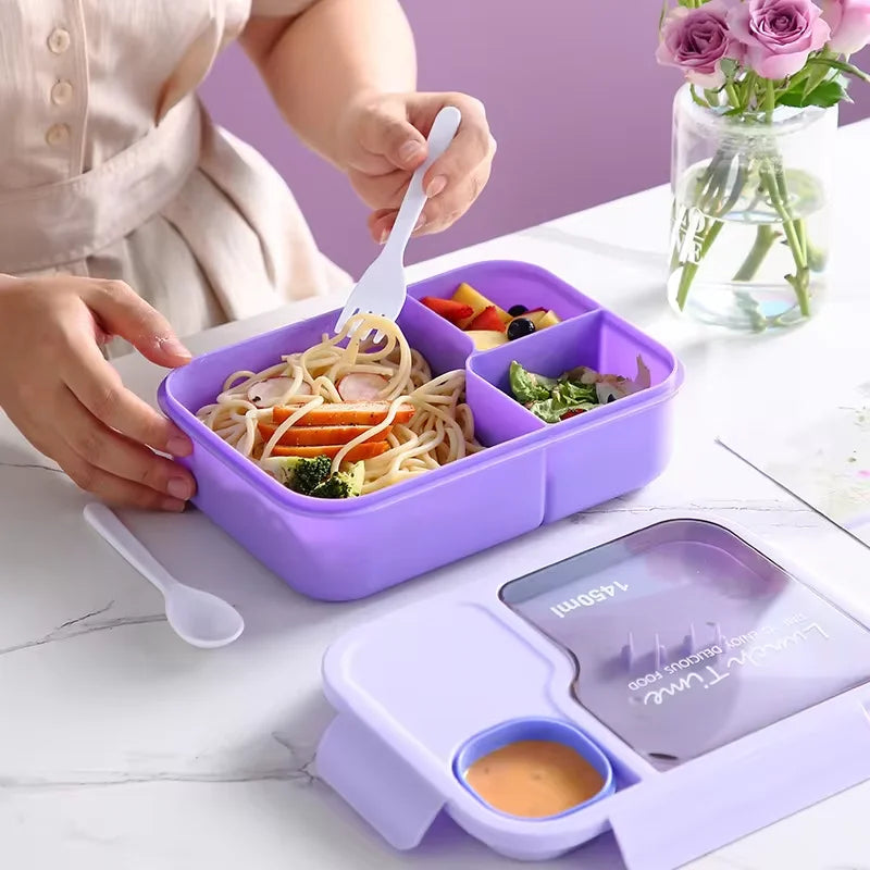 Kids Microwavable Bento Box - 1450ml 3 Grid Lunch Box with Cutlery - photo 2