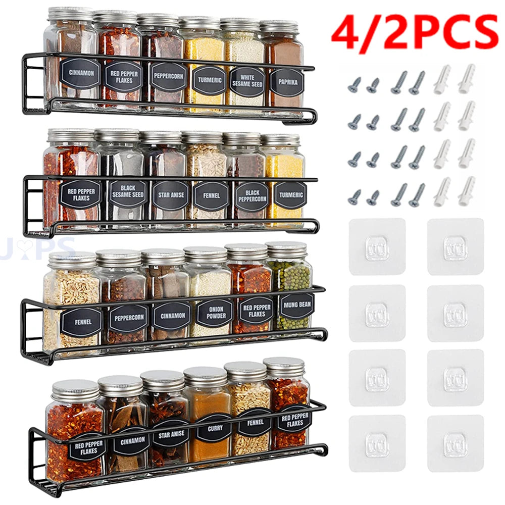 Wall-Mount Metal Spice Racks - Cabinet Door Organizer, 2 or 4 Pack