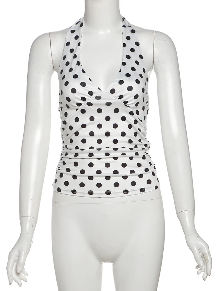 Women's Polka Dot Halter Tank Top – Lace-Up Backless V-Neck Skinny Y2K Streetwear Vest