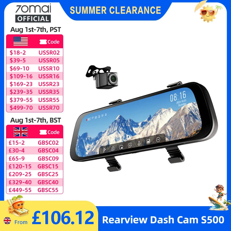 70mai Rearview Dash Cam S500 9.35'' Touch Screen 70mai S500 Car DVR 3K Super Capacitor Dual-Channel HDR Voice Control 24H Park
