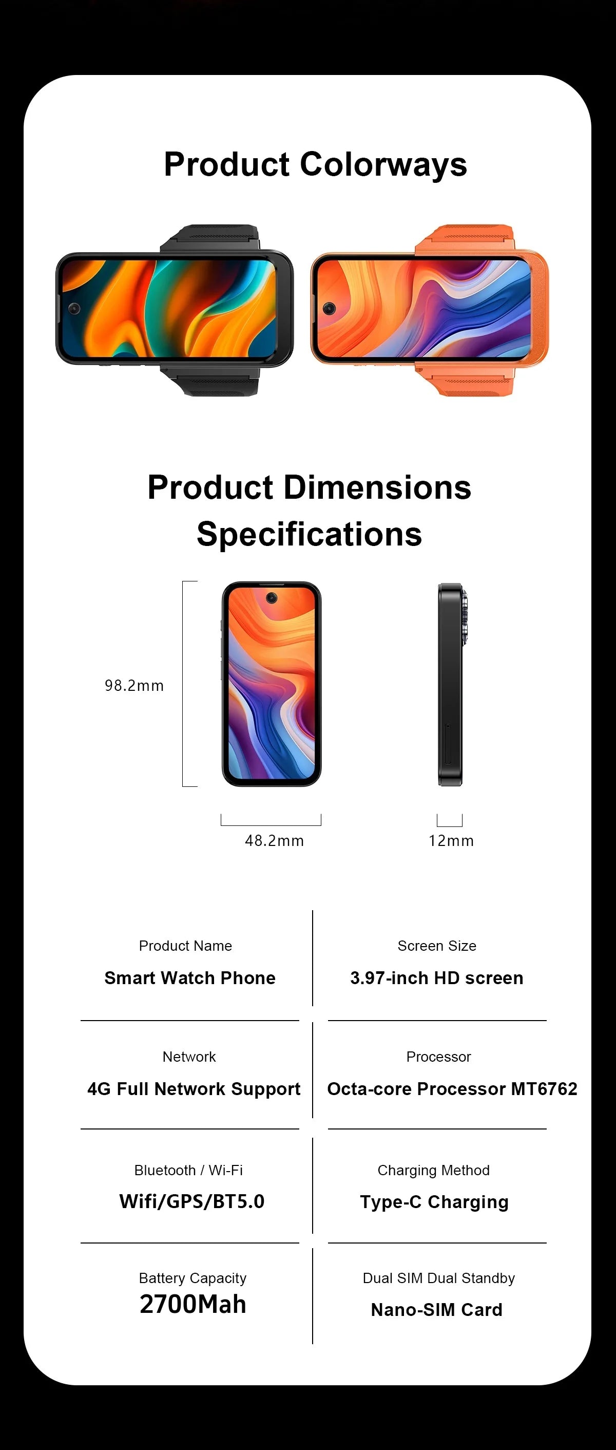 3.97-inch Smartwatch 8GB RAM 256GB ROM Android12.0 With Facial Recognition Dual SIM Standby 4G 5G Network Mini Smart Watch Phone