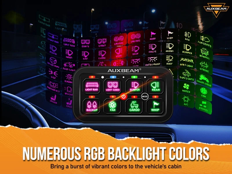 Auxbeam RGB 8 Gang Switch Panel Toggle/Momentary/Pulsed Supported Without App Control (One-Sided Outlet/Two-Sided Outlet)