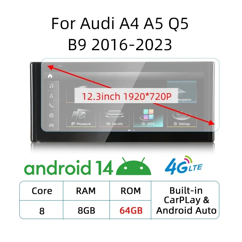 12.3" Car Stereo with Apple CarPlay & Android Auto, Compatible with Audi A4 A5 Q5 B9 (2016-2023)