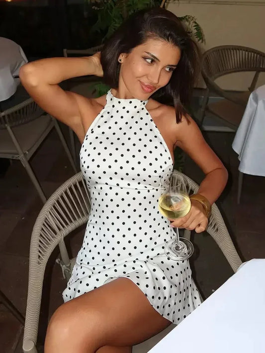 Chic Backless Polka Dot Halter Dress Women's Sleeveless Off Shoulder Lace Up Mini Vestidos 2026 Summer Lady Holiday Party Robe