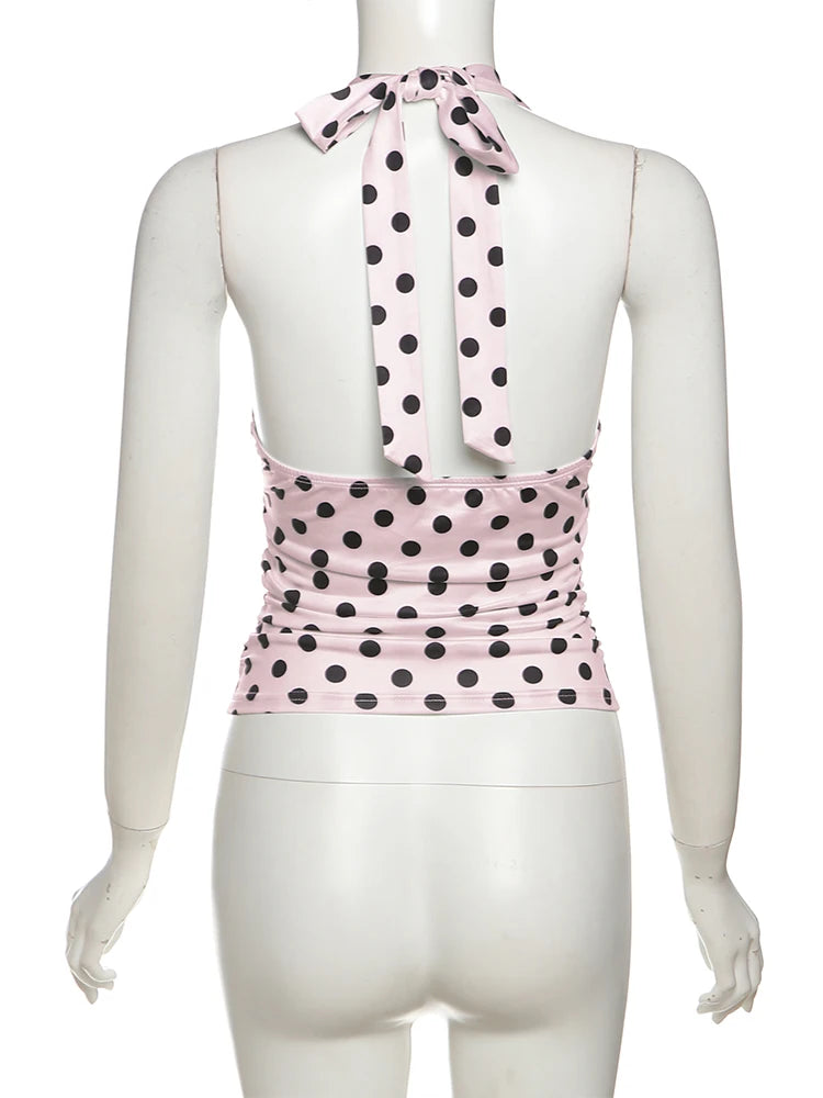 Women's Polka Dot Halter Tank Top – Lace-Up Backless V-Neck Skinny Y2K Streetwear Vest