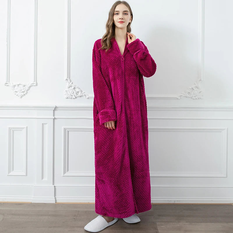 Women's Long Zip-Up Flannel Bathrobe, Plus Sizes