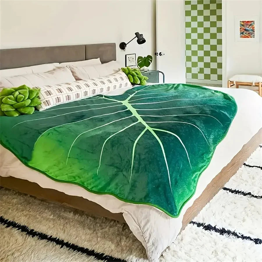 Leaf Shaped Flannel Throw Blanket, Soft Green Bed Blanket
