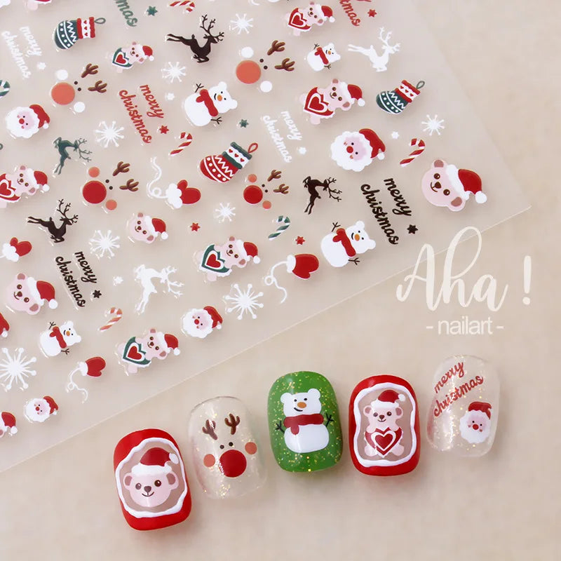 1pcs 5D Embossed Snowflakes/Snowman/Santa Claus/Reindeer Nail Art Stickers Self-Adhesive Cute Christmas Nail Art Decals 8*10CM