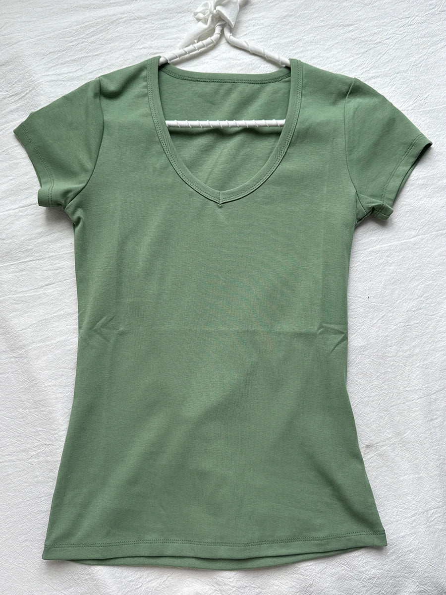 Camouflage Thin Short Sleeve T-shirt Women V-neck Cotton Slim All-match Tee Shirts Female Streetwear Vintage Y2k Tops Summer New