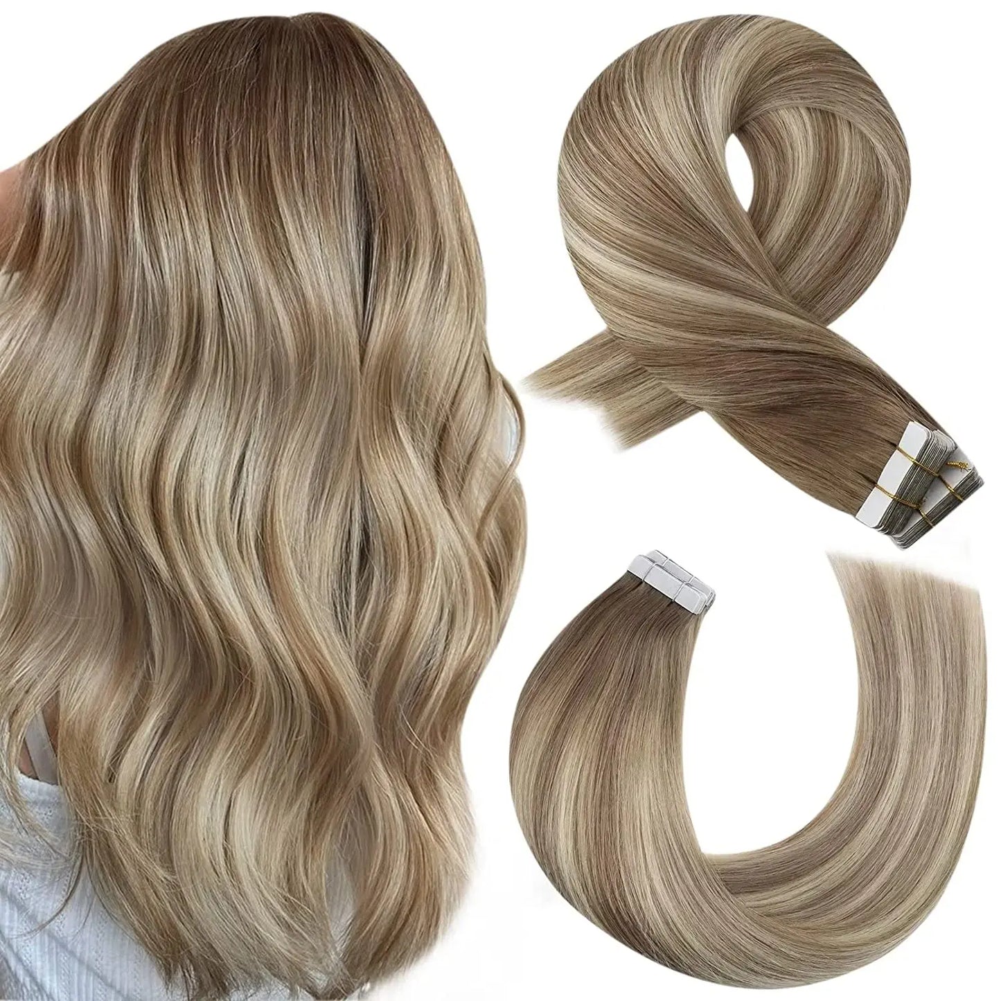 Moresoo Tape in Human Hair Extensions Balayage Blonde Hair Remy Hair Natural Soft Skin Weft Straight Seamless Hair Tape in Hair