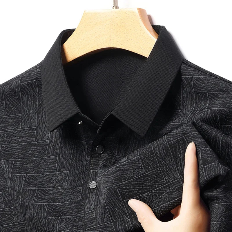Men's Print Lapel Polo - Wood-Tile Pattern, Half-Button Placket