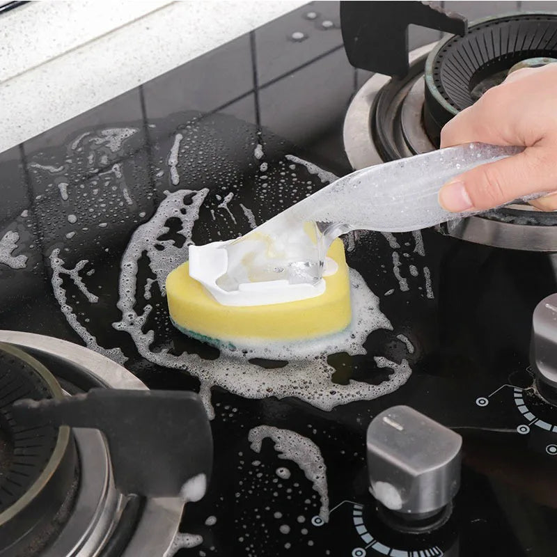 Sponge Pot Brush – Powerful Stain Removal, Automatic Liquid Dispensing, Handle, Oil-Resistant