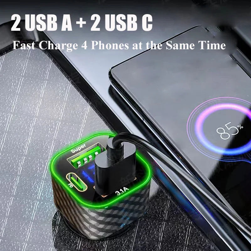 USB-C Car Charger 4-in-1 Dual PD Fast Charge with Voltage Display – iPhone, Samsung, Xiaomi