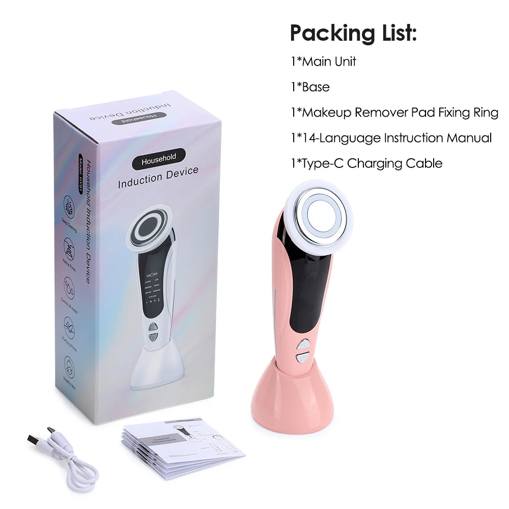 7 in 1 EMS Facial Massager Face Beauty Instrument with Induced Vibration and Hot Compress Face Skin Care Tool LED Light Therapy , Women
