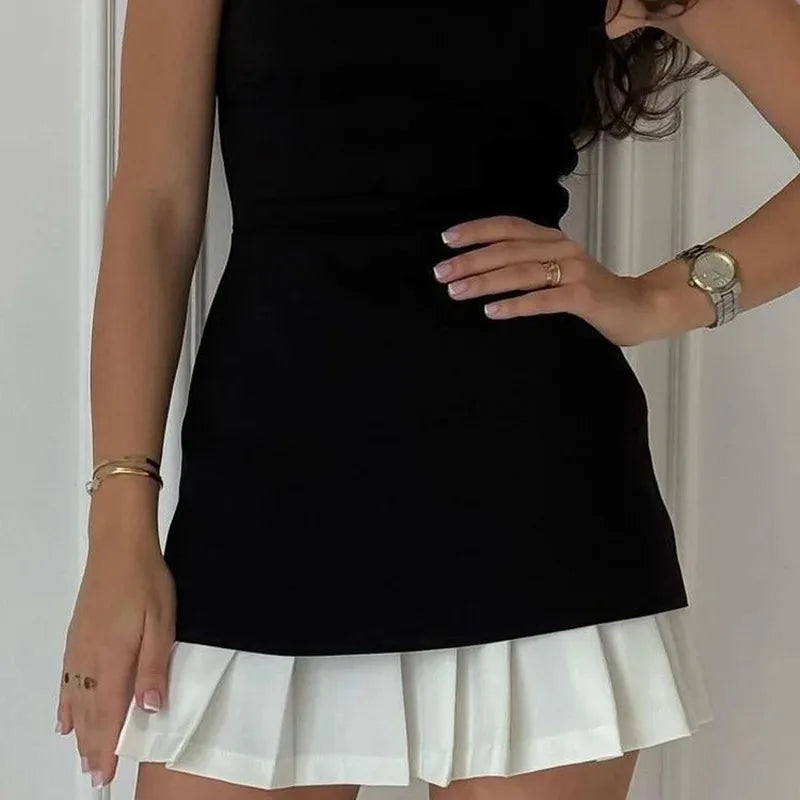 Lady Office Commute High street Mini Dress Elegant Patchwork Pleated Short Dress For Women Fashion Slim Sleeveless Vestidos