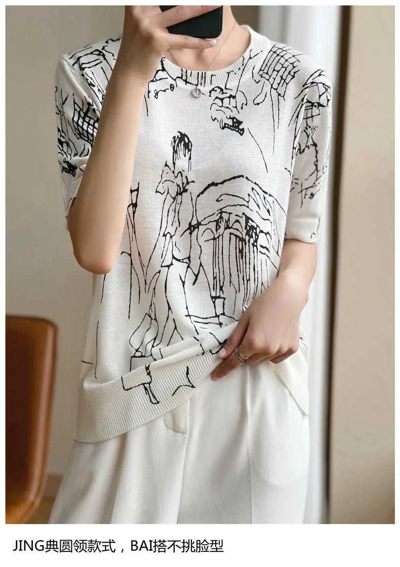 Summer Women's Thin Section Graffiti Digital Jacquard Round Neck Fine Imitation Wool Knitted Short-sleeved T-shirt  Pullover Top