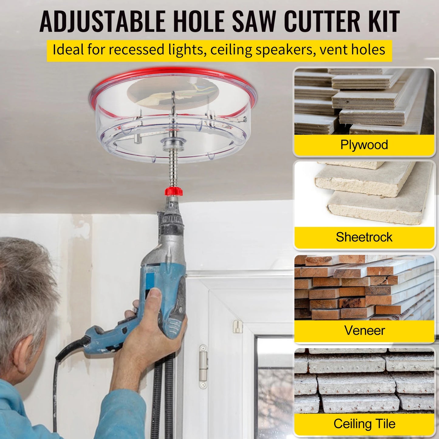 SucceBuy Adjustable Steel Hole Saw Cutter Kit 40-200mm w/ Shield Hole Cutter Drill Bit DIY Tool Sheetrock Veneer Slate