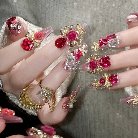 24 Piece Long Rose Pink Press-On Nails - 3D Flower, Heart and Bowknot Decor