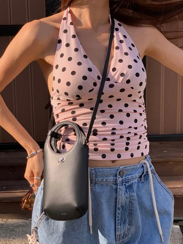 Women's Polka Dot Halter Tank Top – Lace-Up Backless V-Neck Skinny Y2K Streetwear Vest