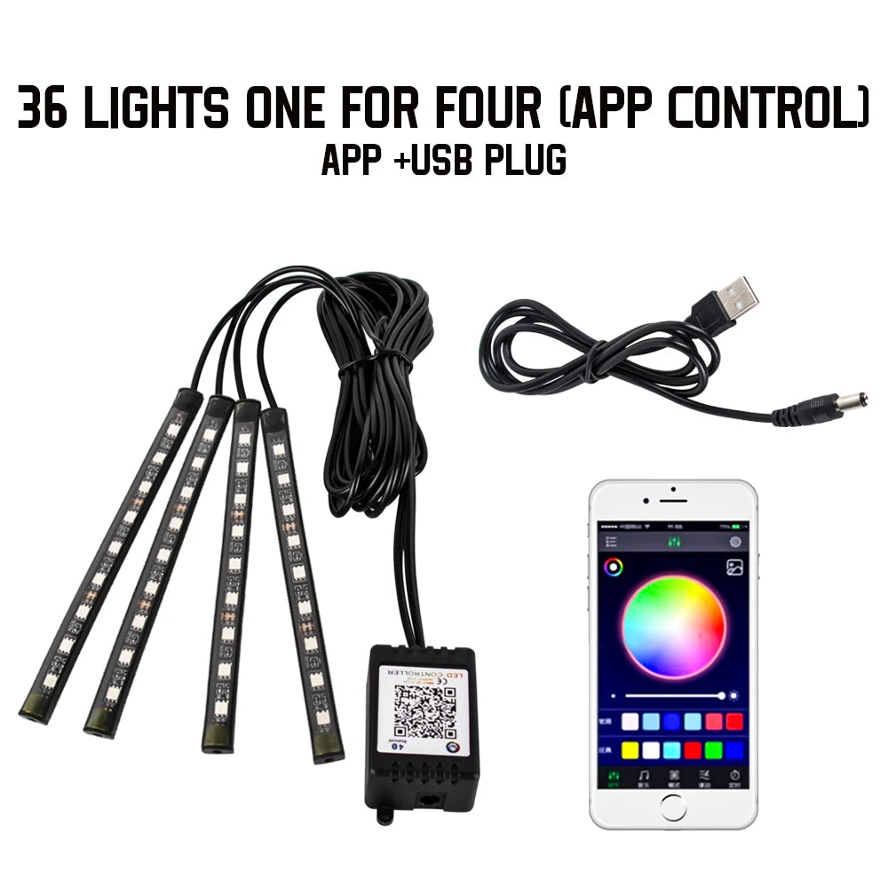 RGB LED Car Interior Ambient Light Strip – 36/48/72 LED Remote & App Music Control | USB or Cigarette Lighter | Atmosphere Foot Light