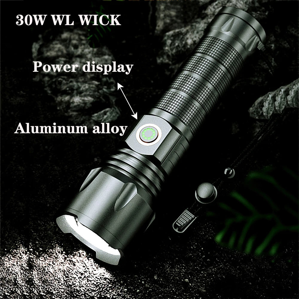 USB Rechargeable 30W High Power LED Flashlight Waterproof 5 Modes Tactical Torch Super Long Shot for Outdoor Camping