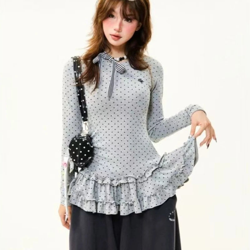2026 Harajuku Cute Print T-Shirts Women Beige Polka Dot Ruffle Hem Tees Y2K Casual Lace Trim Tops Fashion Summer Streetwear Chic