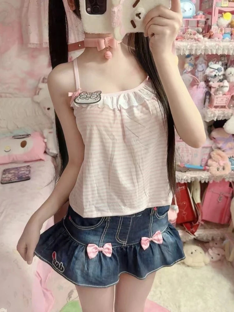 Women's Sweet Kawaii Lace Bow Camisole – Pink Stripe Off Shoulder Japanese Chic Vest Top