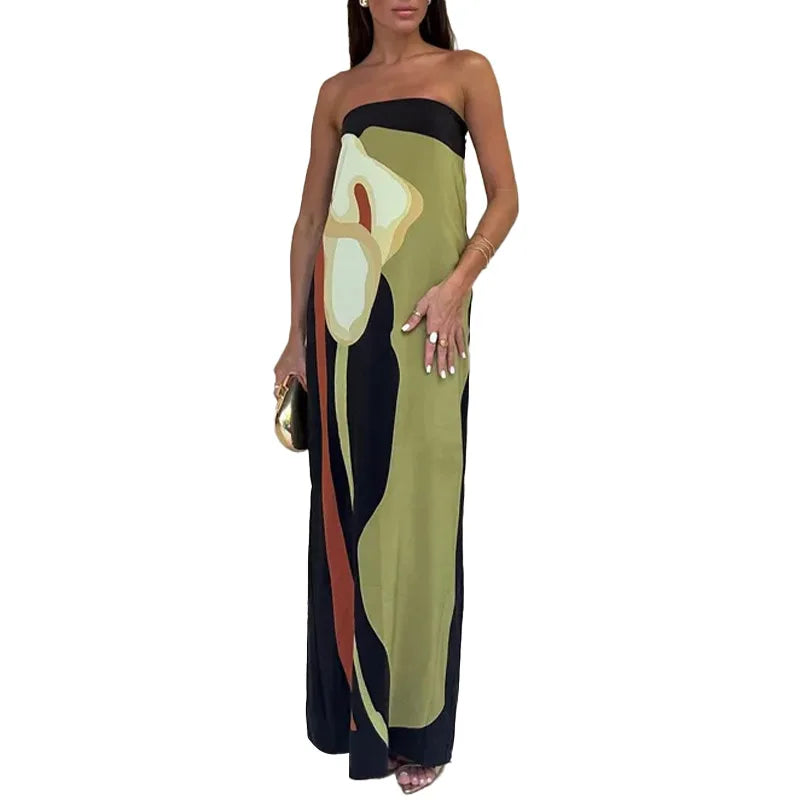 2026 Summer Women Strapless Backless Flower Printed Long Dress Women Sleeveless Off Shoulder Vestidos Plus Size S-3XL Streetwear