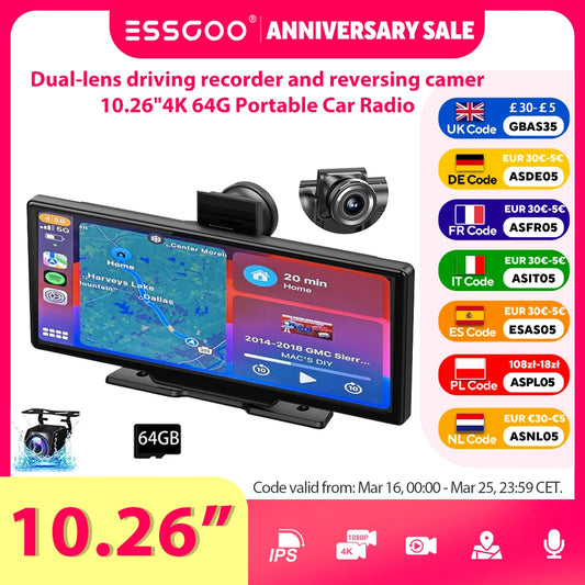 10.26" 4K Portable Truck Dash Cam Car Stereo with Apple CarPlay & Android Auto