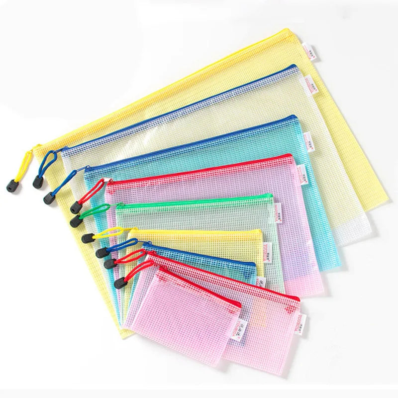 10PCS Stationery Storage Folder File Mesh Zipper Pouch Document Bag Office and Educational Supplies Storage Students Stationery