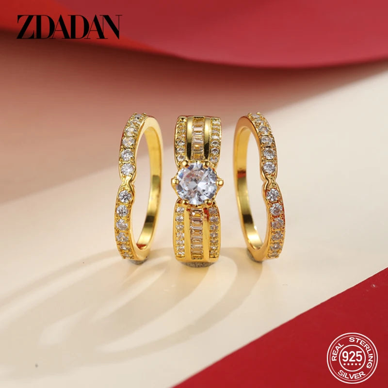 925 Silver 3-Piece Zircon Ring Set – 18K Gold Geometric Stack