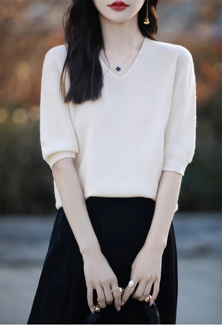 RONGYI Spring/Summer 2026 Ladies Sweater Pullover Solid Color V-neck Half-sleeved Knitted Cashmere Sweater Thin Casual Top