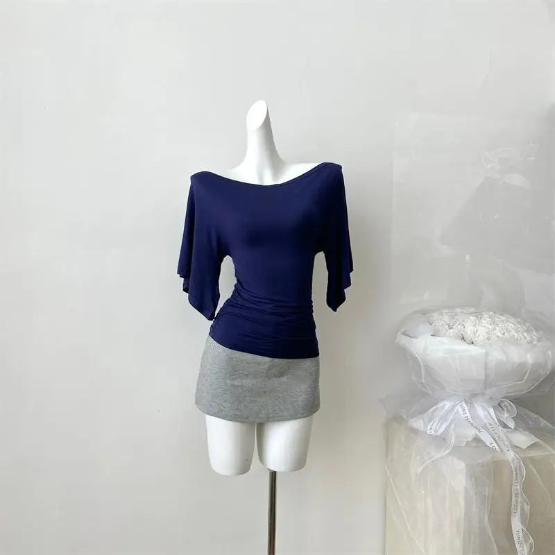 Women's Summer High Stretch Slash Neck Flare Sleeve Slim T Shirt Lady Sexy Pleated Slim Solid Color Pullover Tee Top
