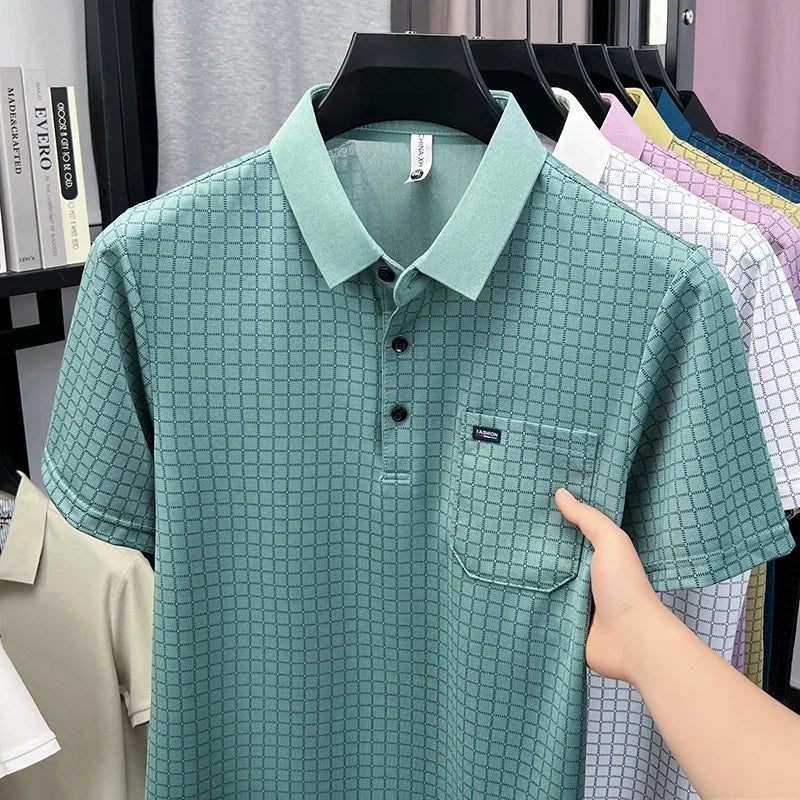 Men's Contrast Lapel Polo - Micro-Lattice Print, Chest Pocket
