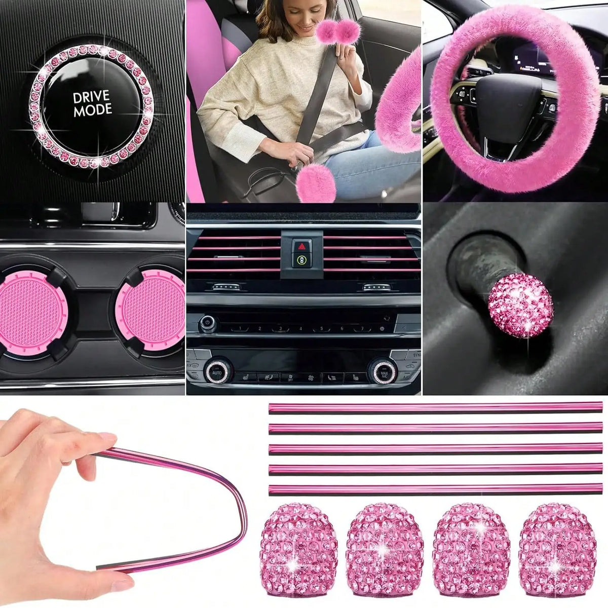 35-Piece Luxury Car Seat Cover Set - Soft Fluffy Steering Wheel Cover, Universal Safety Belt Protectors, Gear Shift Cover, Fashionable Interior Accessories For Women - Premium Polyester Fiber, Easy To Install, Stylish, And Pr