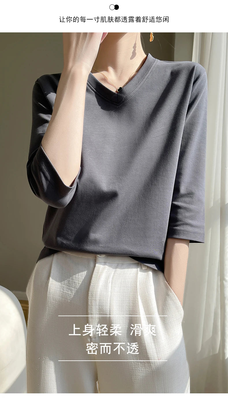 Spring And Summer New Cotton V-neck T-shirt Short-Sleeved Women's Half-Sleeve Bottoming Shirt High-End Cropped Sleeve Top