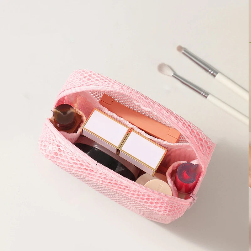 Square Mesh Cosmetic Bag Portable Lipstick Cosmetic Storage Bag with Zipper Multi-purpose Sundries Storage Bag Cute Student Case
