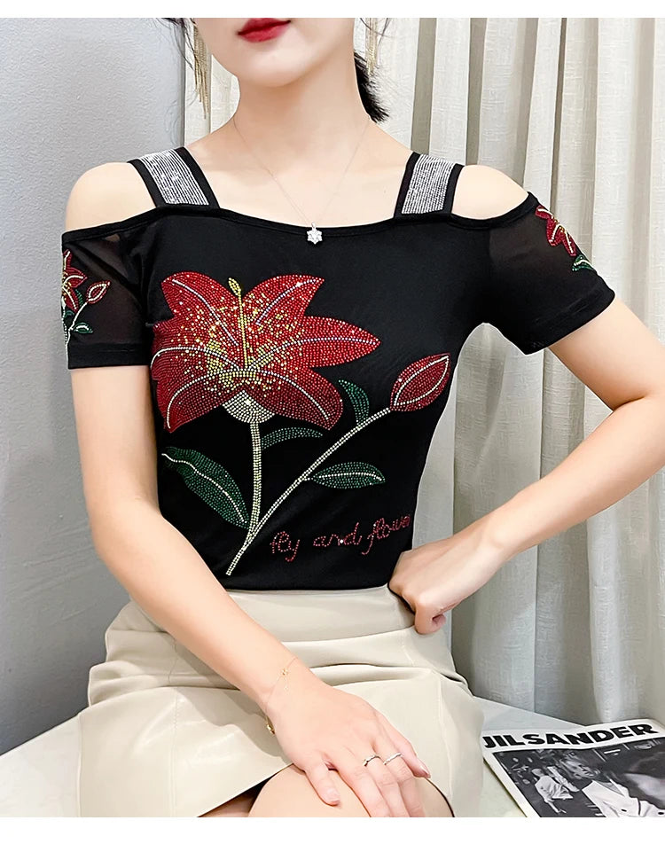 Women's Off-Shoulder Rhinestone Mesh Top