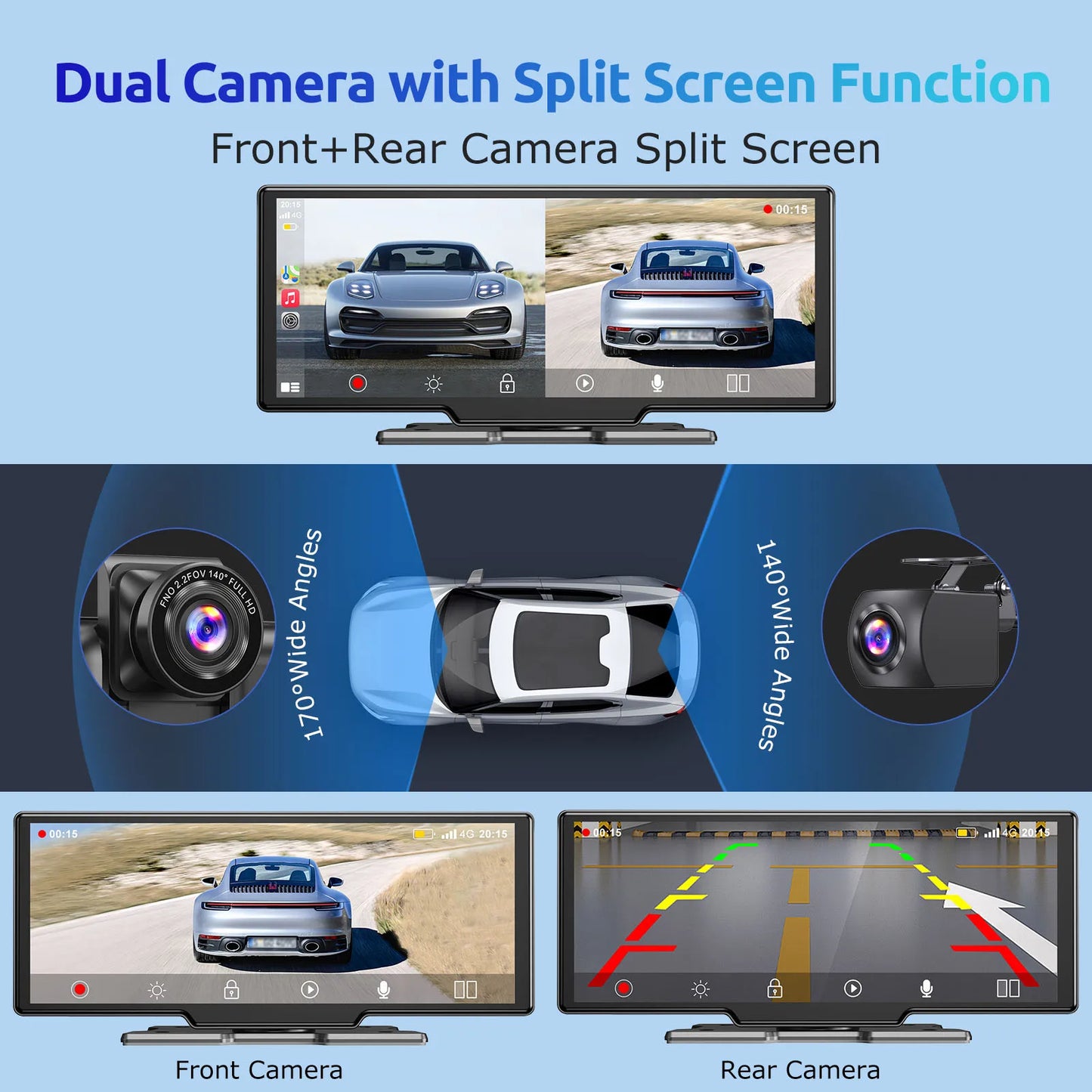 ESSGOO 10.26" Wireless CarPlay & Android Auto Dash Cam ADAS 4K DVR Bluetooth Audio AUX GPS Navigation Dashboard Video Recorder