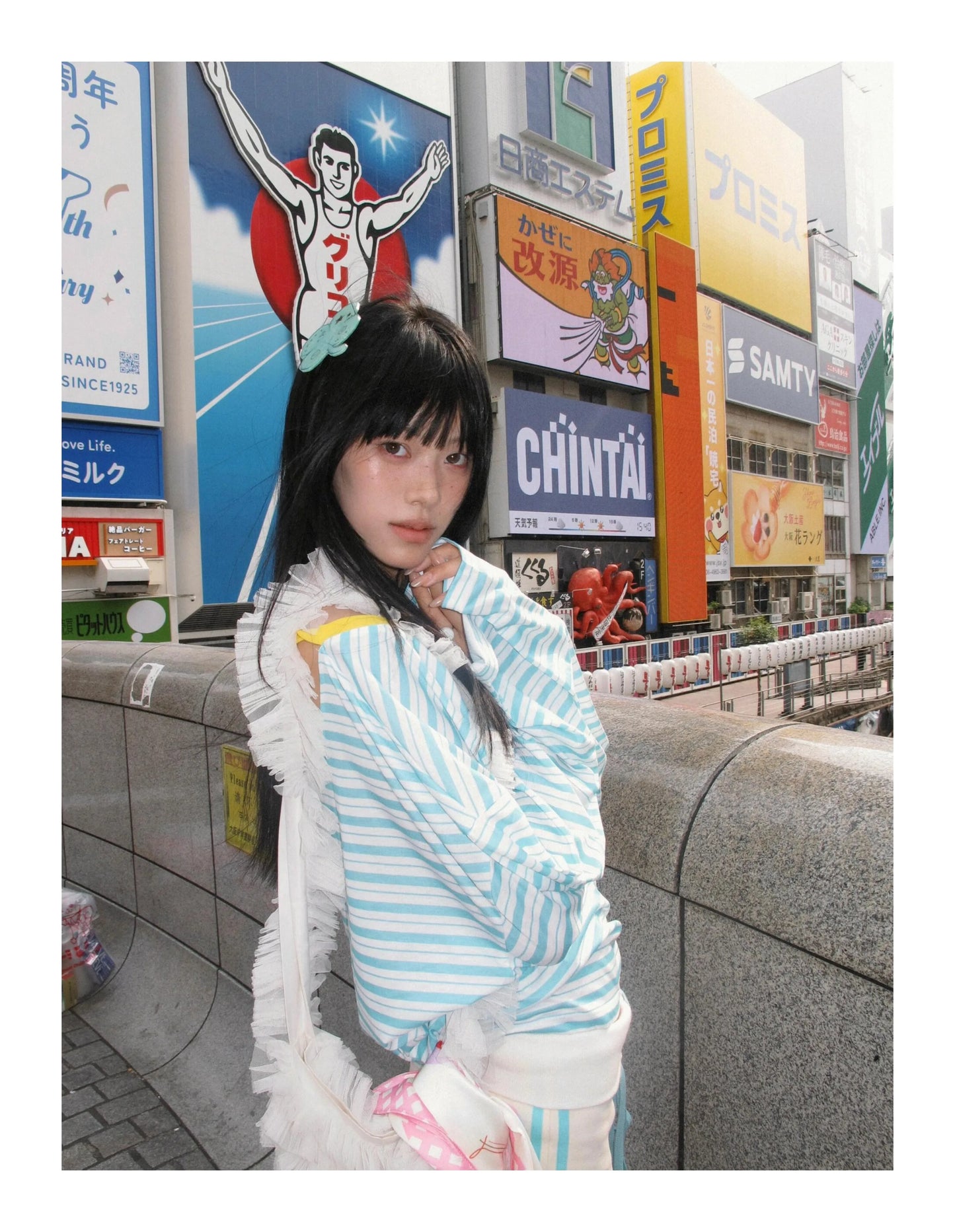 Tonngirls Women's Japanese Y2K Blue Striped V-Neck Long Sleeve T-Shirt – Vintage Off Shoulder Loose Tee