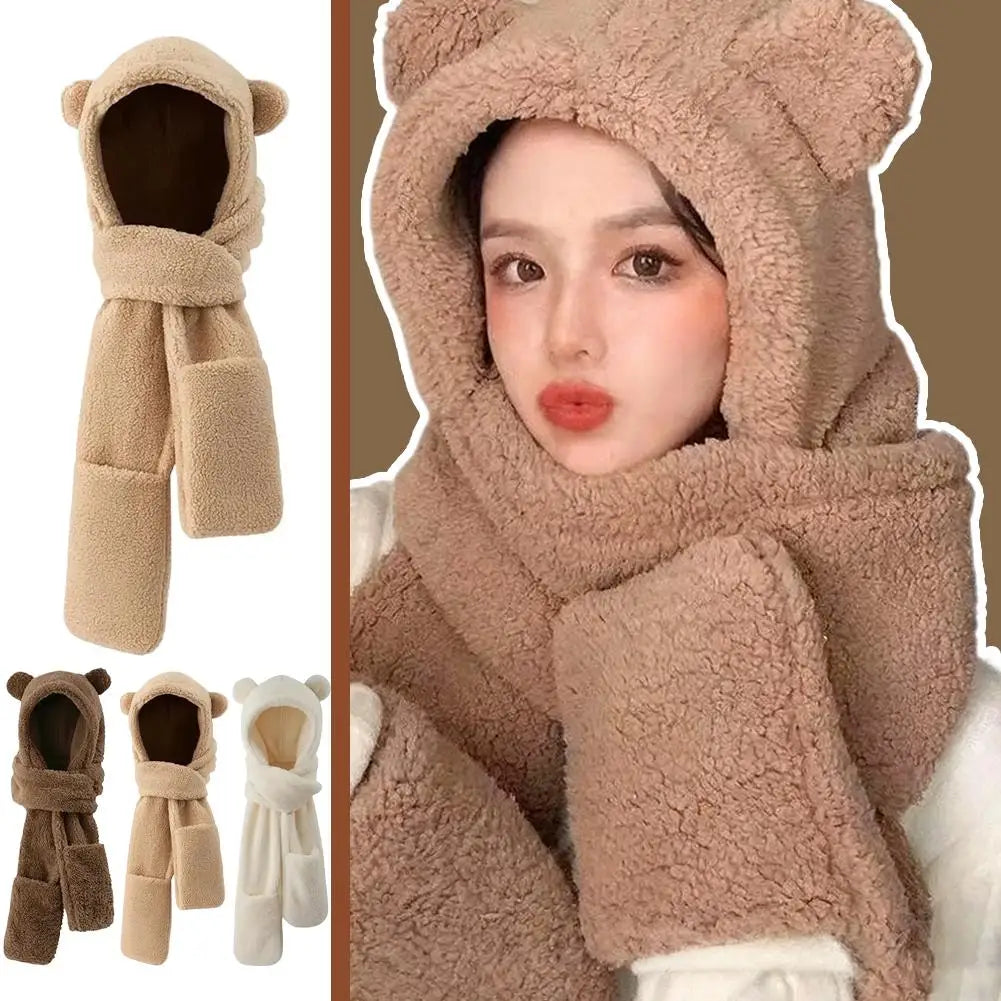 Bear Ear Hooded Scarf, Mitten and Hat Set - 3-Piece Winter Set