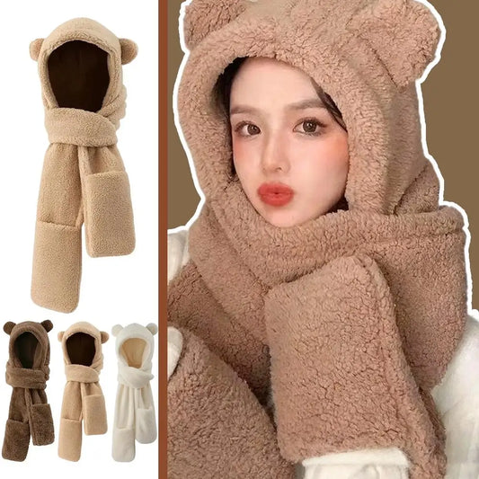 Bear Ear Hooded Scarf, Mitten and Hat Set - 3-Piece Winter Set