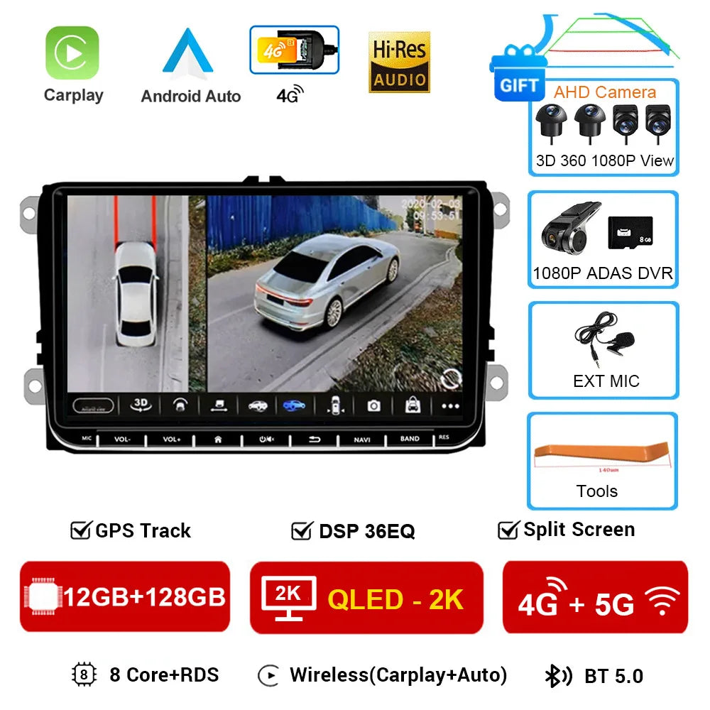 2 Din Android 16 Car Radio 9'' GPS With Carplay For VW/Volkswagen Passat Golf MK5 MK6 Jetta EOS POLO Touran Seat Sharan