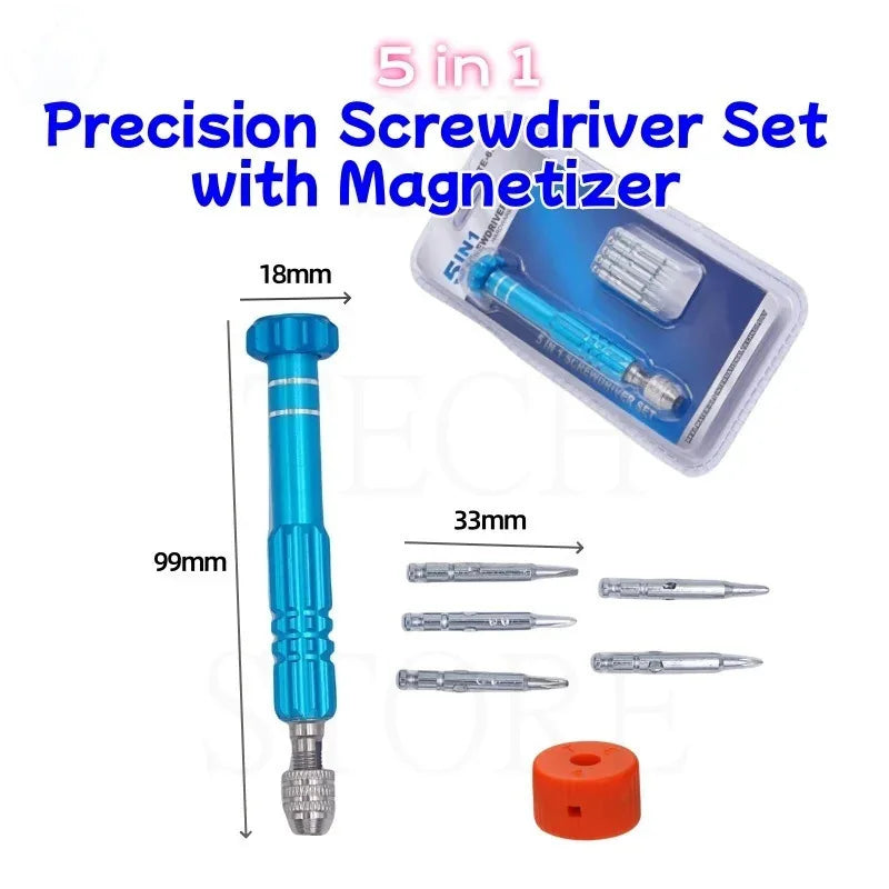 5 in 1 Mini Precision Screwdriver Set with Magnetizer TE-671 Aluminum Alloy Handle Interchangeable Bits for iPhone Camera Watch