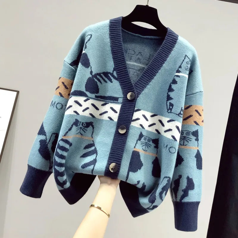 Women Cardigan Sweater Spring Autumn Long Sleeve V-Neck Wild Knitted Jacket Female Cartoon Printing Thick Sweater Cardigan Coat