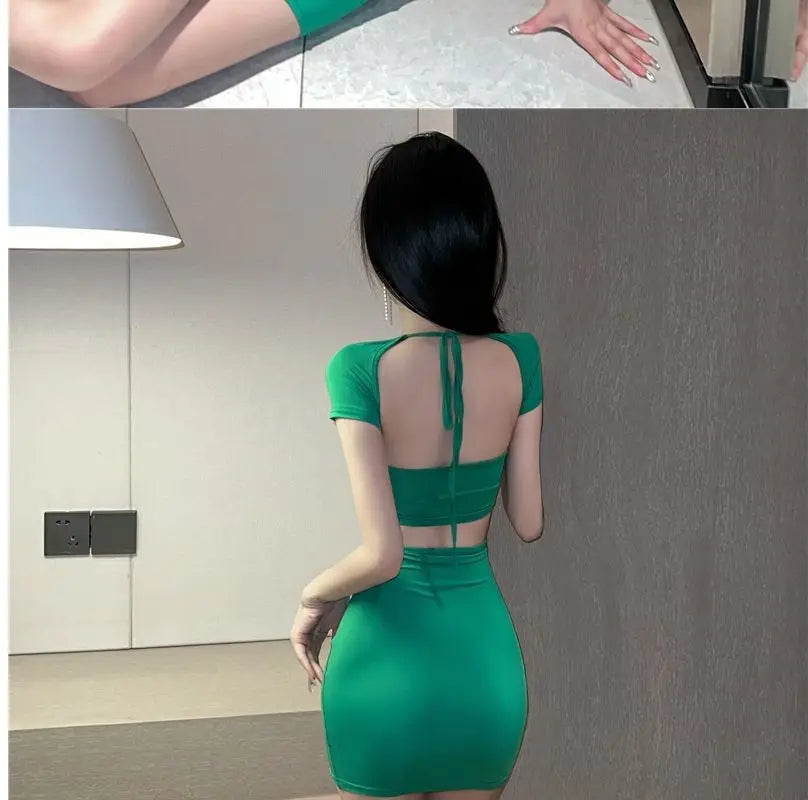 Women's Hollow Back Halter Neck Bodycon Mini Dress – Sexy Slim Wrap Hip Skirt | S–L (Green, Black, White)