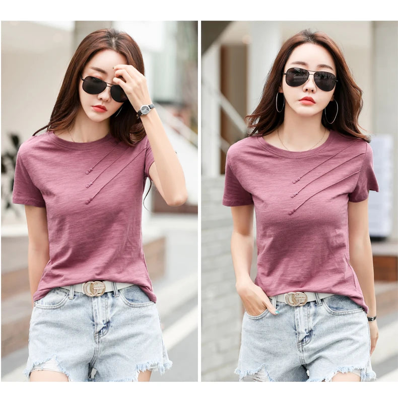 Women's slub cotton button tee, loose crew neck — view 20 of 20