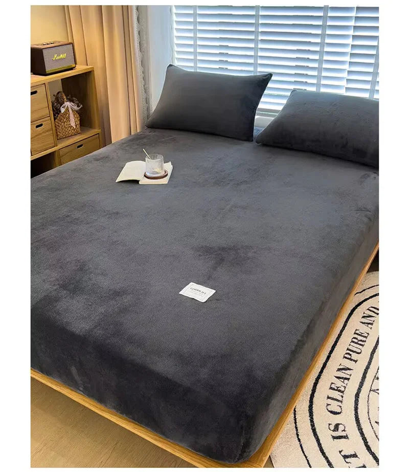 Soft warm plush fitted sheet elastic mattress cover fluffy coral fleece bed linen winter couple luxury double bed bedding﻿﻿
